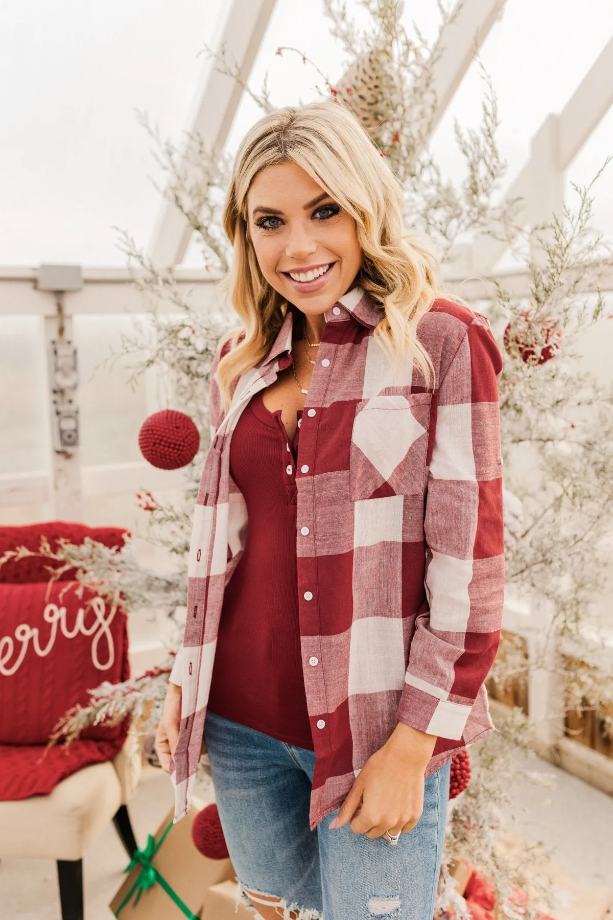 Sounds Of The Season Plaid Top- Cranberry Red