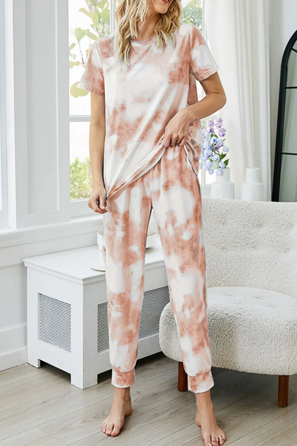 Splash Tie-Dye Round Neck Short Sleeve Top and Pants Lounge Set