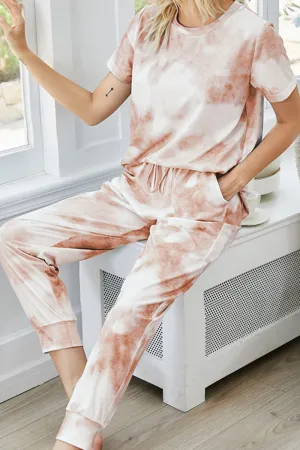 Splash Tie-Dye Round Neck Short Sleeve Top and Pants Lounge Set