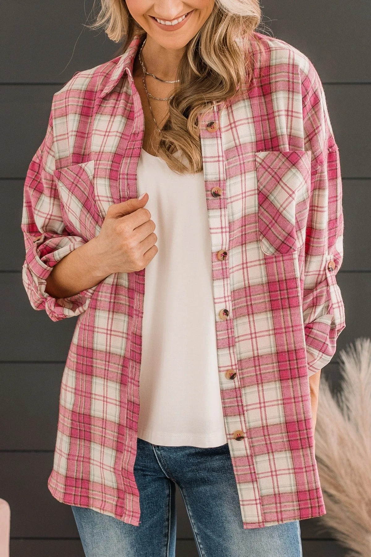 Spring To Mind Plaid Button Top- Pink