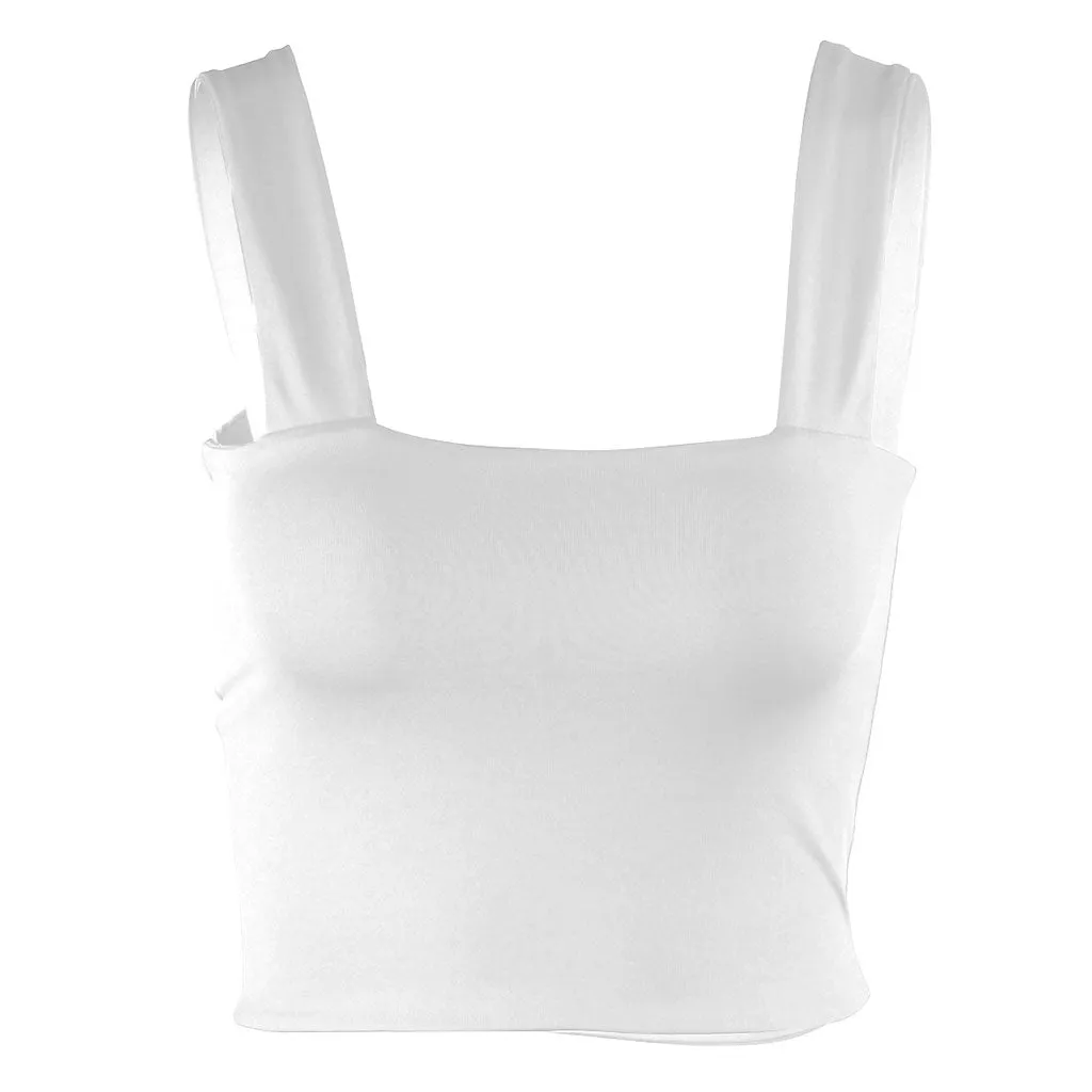 Square Neck Suspender Strap Crop Tank Top - White