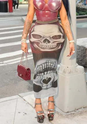 Statement Mesh Print Bodycon Skirt With Edgy Skull Design