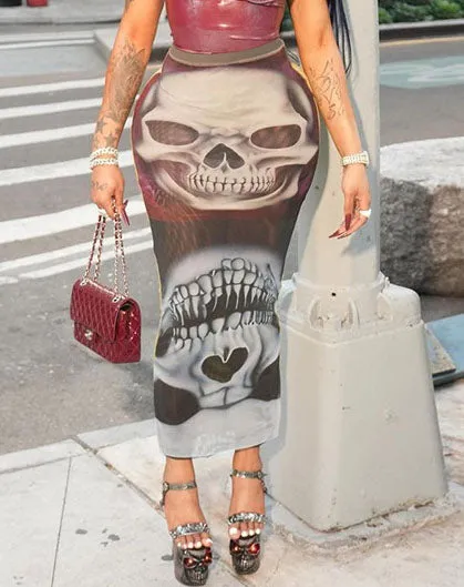 Statement Mesh Print Bodycon Skirt With Edgy Skull Design