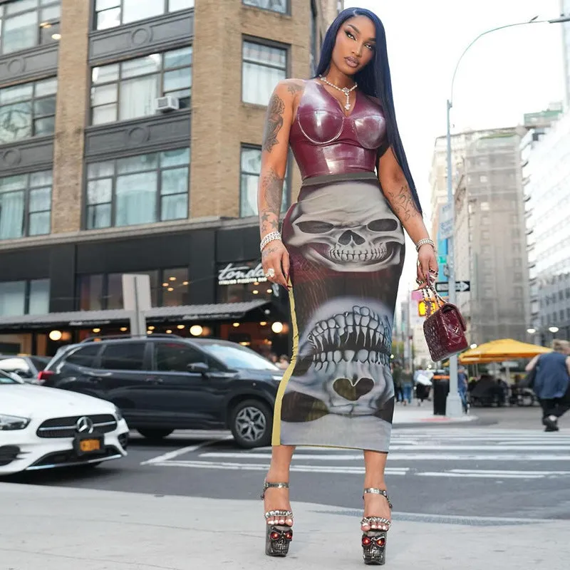Statement Mesh Print Bodycon Skirt With Edgy Skull Design