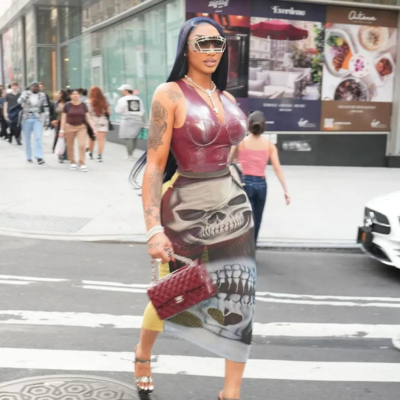 Statement Mesh Print Bodycon Skirt With Edgy Skull Design
