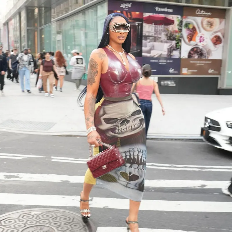 Statement Mesh Print Bodycon Skirt With Edgy Skull Design