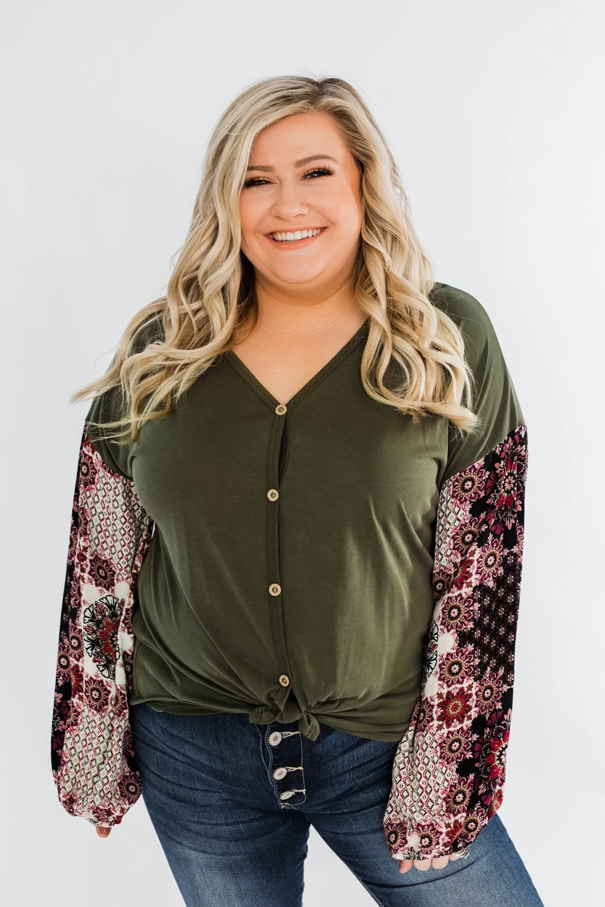 Stay Beautiful Floral Button Top- Olive