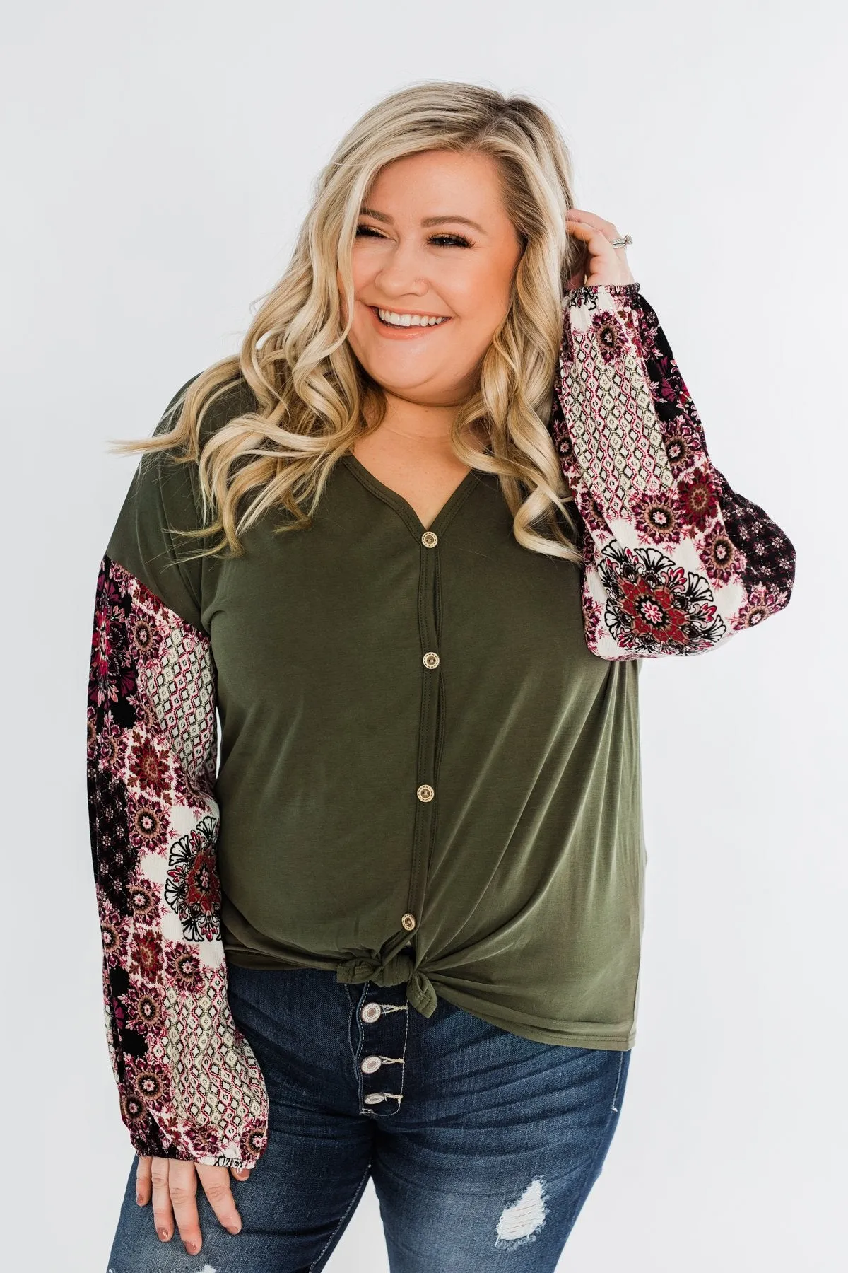 Stay Beautiful Floral Button Top- Olive