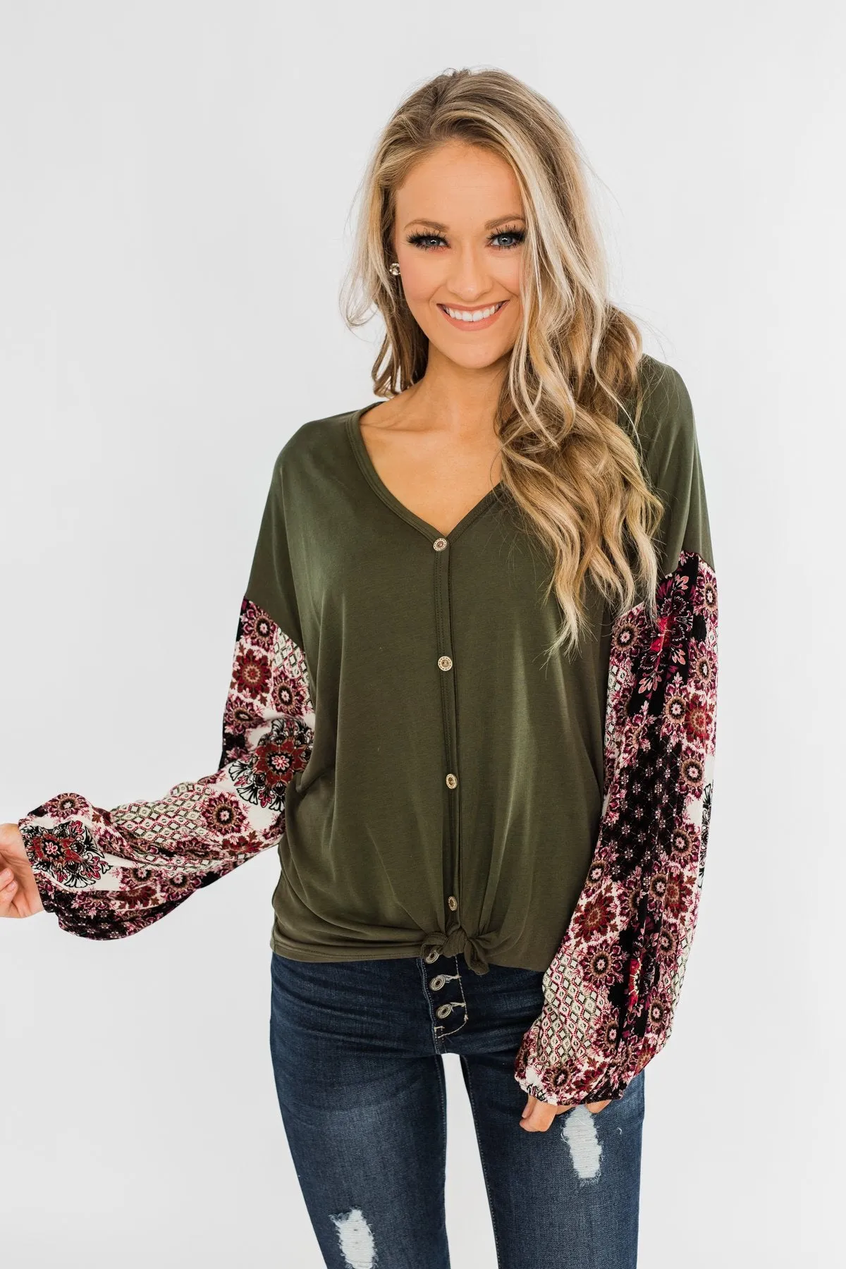Stay Beautiful Floral Button Top- Olive