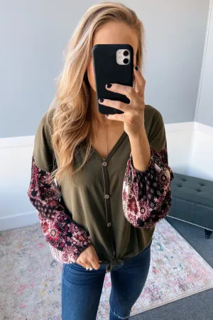 Stay Beautiful Floral Button Top- Olive