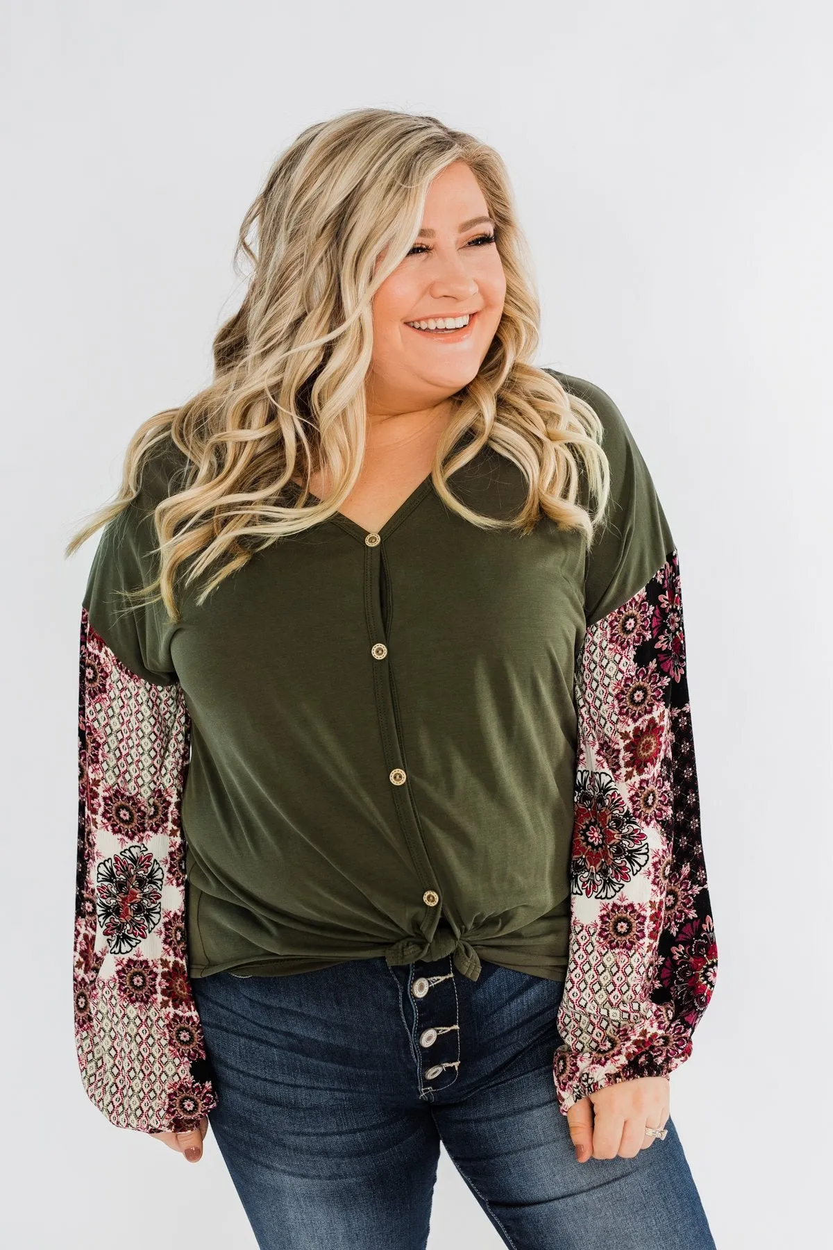Stay Beautiful Floral Button Top- Olive