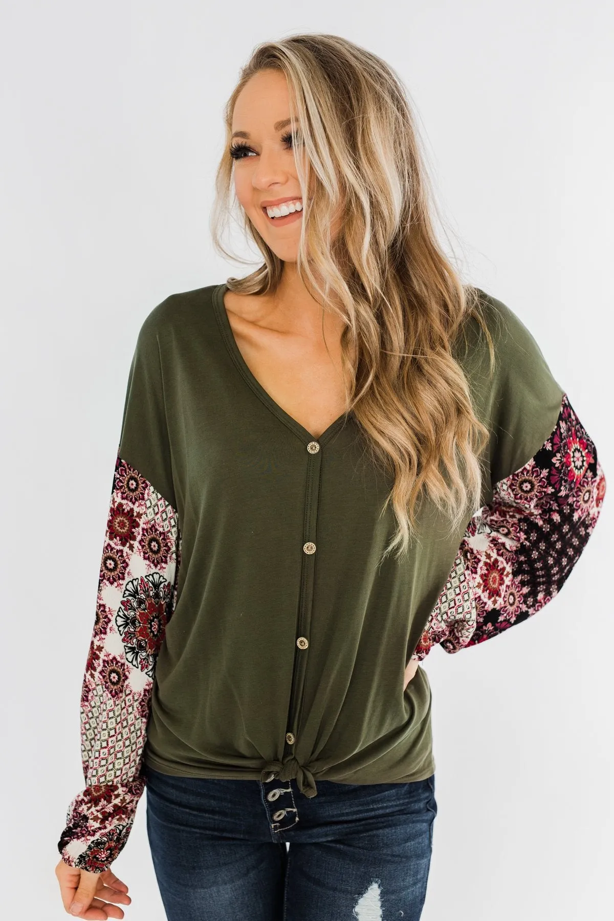 Stay Beautiful Floral Button Top- Olive