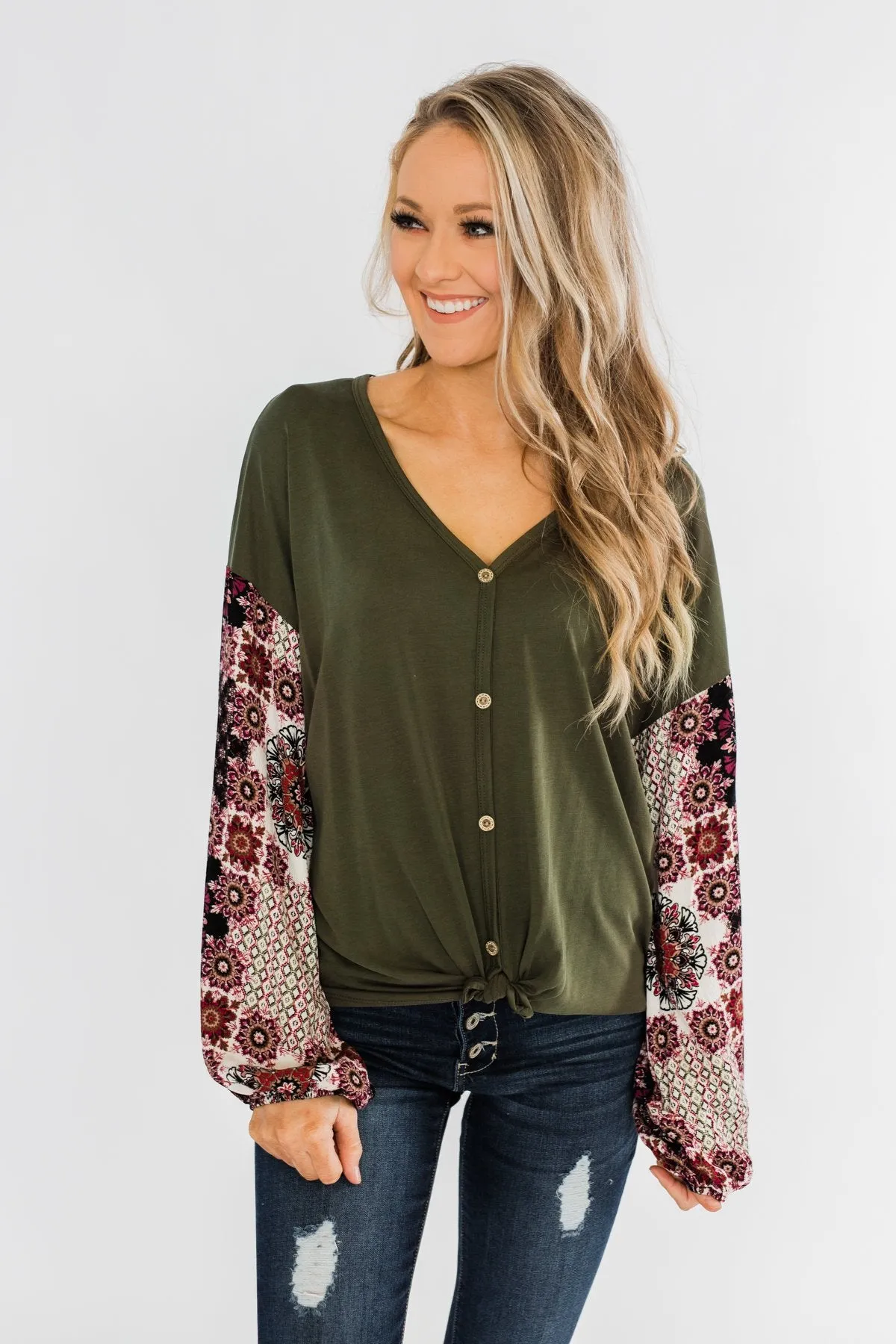 Stay Beautiful Floral Button Top- Olive