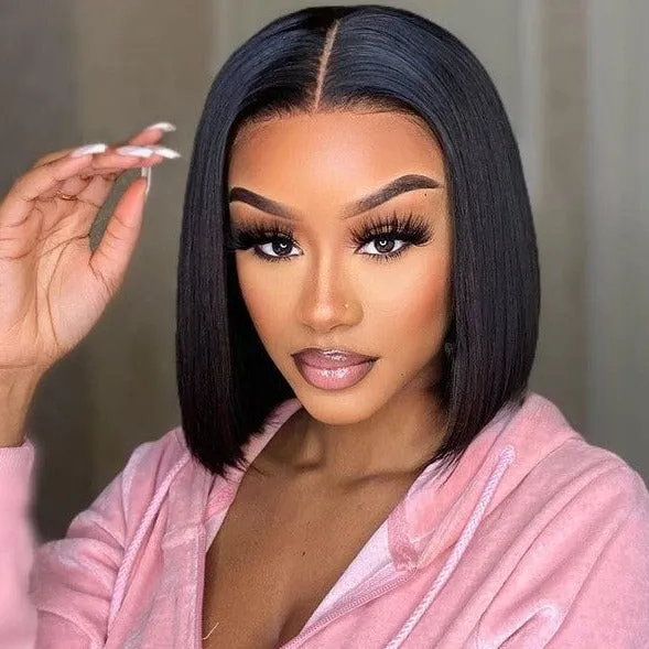 Straight Bob Natural Black T Part Lace Front Double Drawn Human Hair Wig