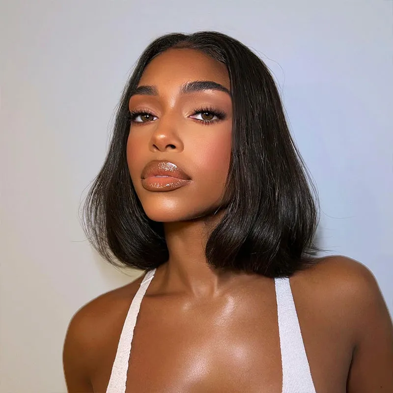 Straight Bob Natural Black T Part Lace Front Double Drawn Human Hair Wig