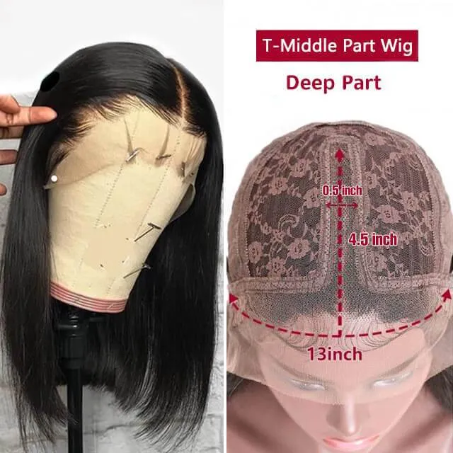 Straight Bob Natural Black T Part Lace Front Double Drawn Human Hair Wig