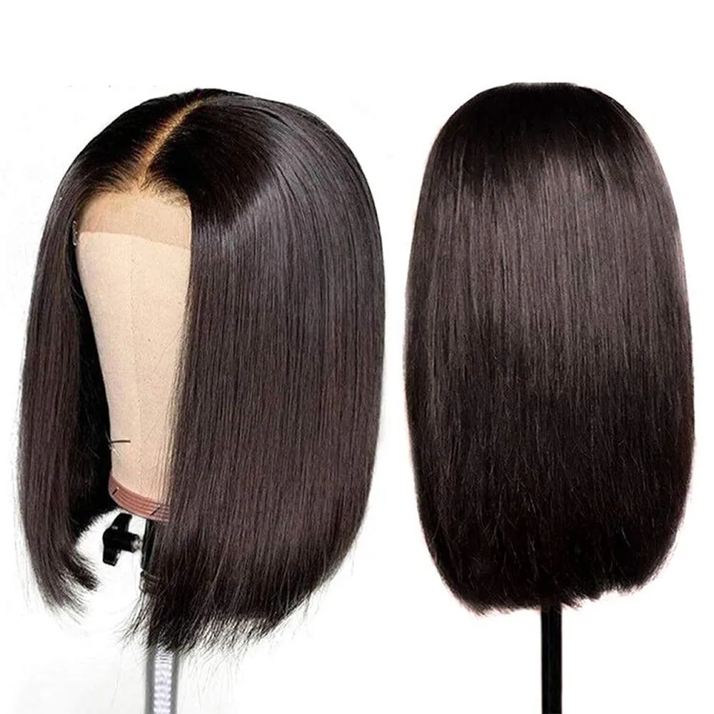 Straight Bob Natural Black T Part Lace Front Double Drawn Human Hair Wig