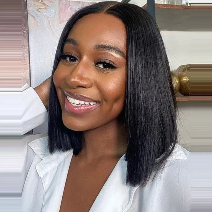 Straight Bob Natural Black T Part Lace Front Double Drawn Human Hair Wig