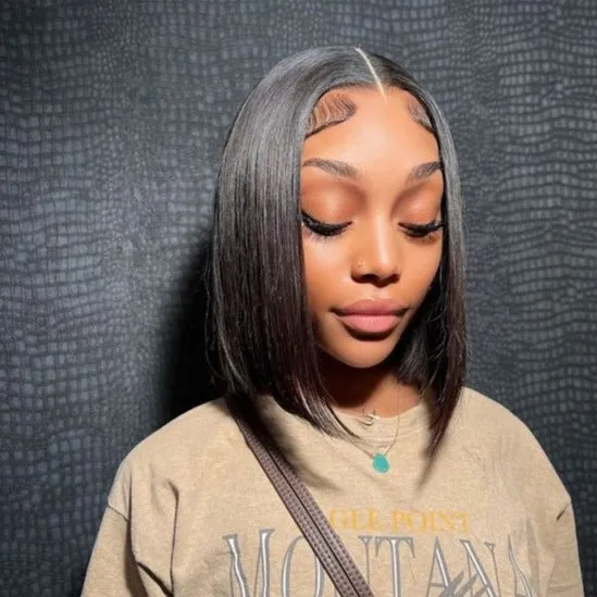Straight Bob Natural Black T Part Lace Front Double Drawn Human Hair Wig