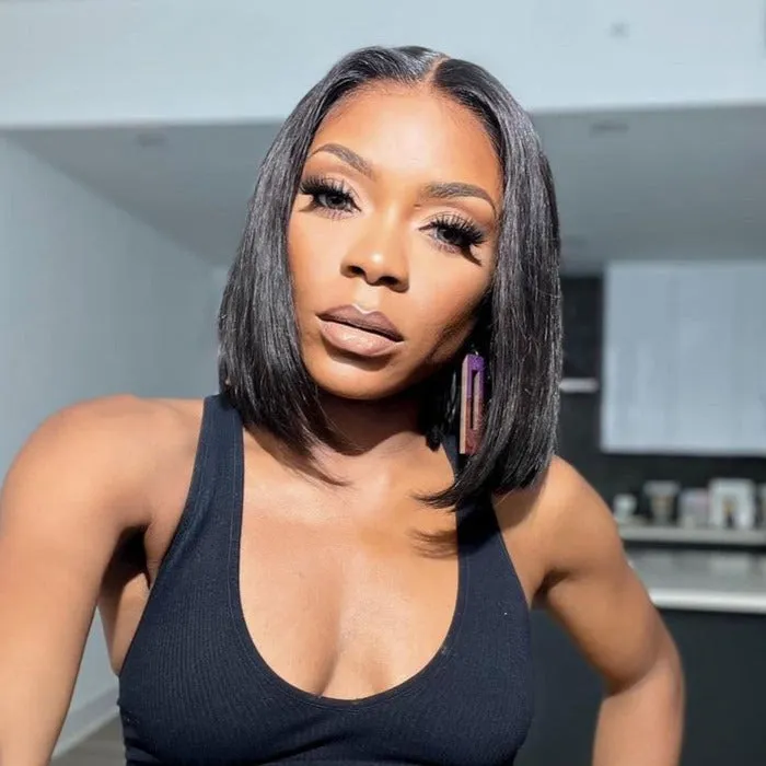 Straight Bob Natural Black T Part Lace Front Double Drawn Human Hair Wig