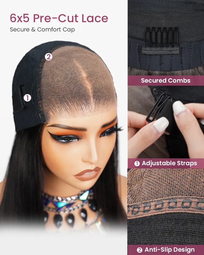 Straight Natural Black Glueless 6x5 Pre-Cut Lace Closure Human Hair Wigs