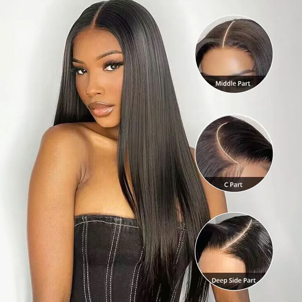 Straight Natural Black Glueless 6x5 Pre-Cut Lace Closure Human Hair Wigs