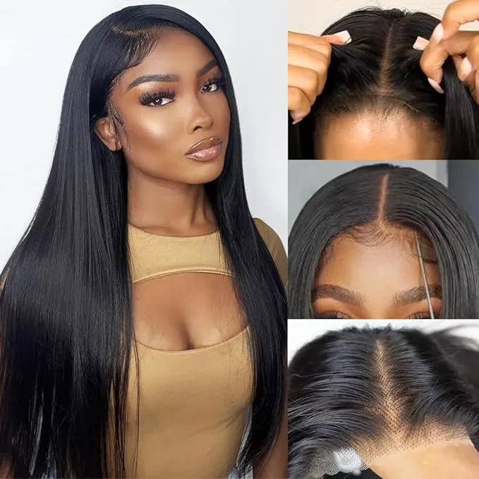 Straight Natural Black Glueless 6x5 Pre-Cut Lace Closure Human Hair Wigs