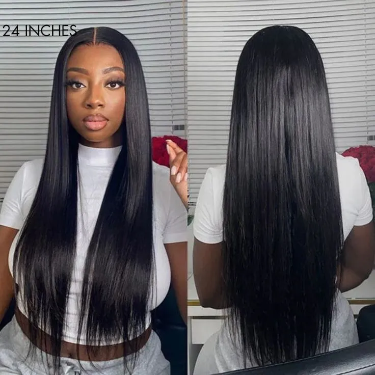 Straight Natural Black Glueless 6x5 Pre-Cut Lace Closure Human Hair Wigs