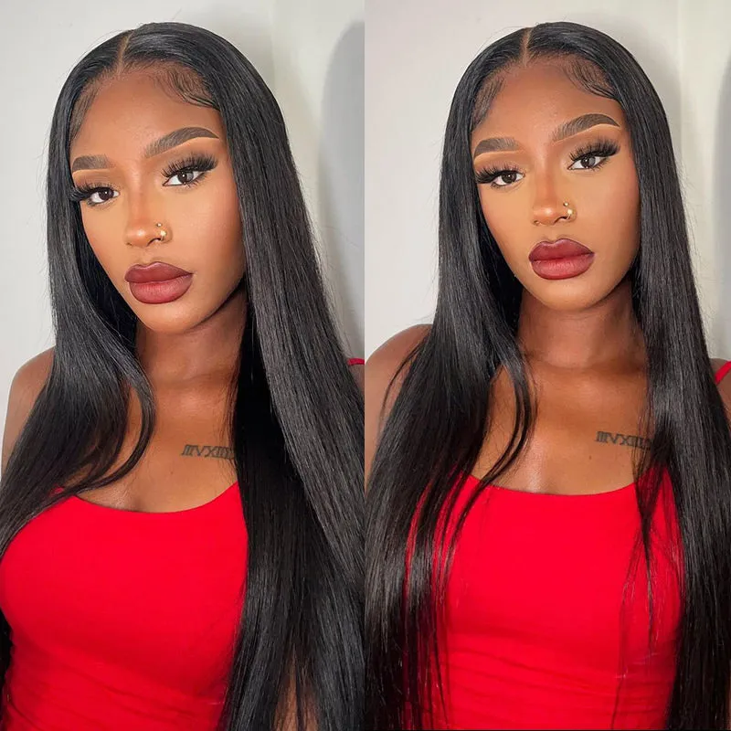 Straight Natural Black Glueless 6x5 Pre-Cut Lace Closure Human Hair Wigs