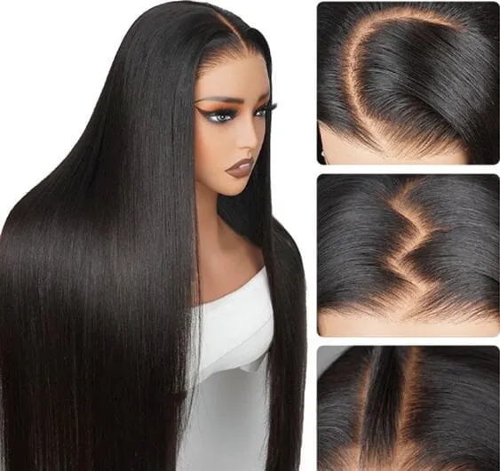 Straight Natural Black Glueless 6x5 Pre-Cut Lace Closure Human Hair Wigs