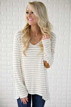Striped Cream & Tan Back Button Down Top