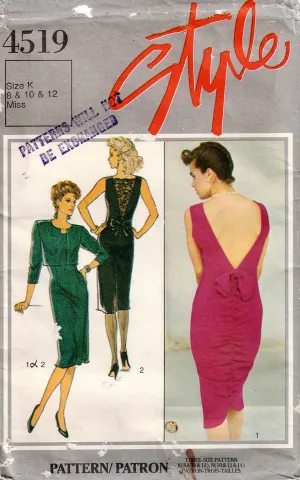 Style 4519 Womens V Back Ruched Evening Dress & Bolero Jacket 1980s Vintage Sewing Pattern 8 - 12 UNCUT Factory Folded