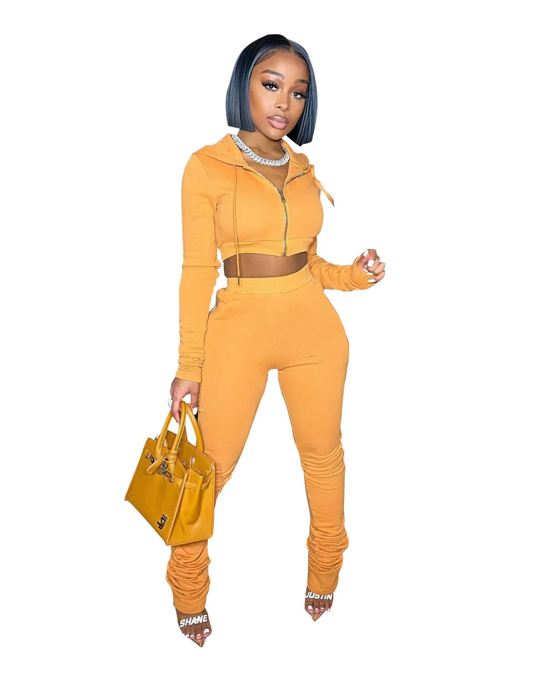 Stylish Cropped Hoodie and Ruched High-Waist Pants Two-Piece Set