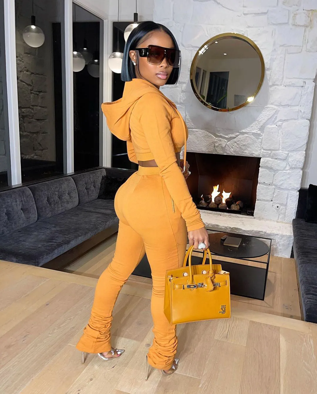 Stylish Cropped Hoodie and Ruched High-Waist Pants Two-Piece Set