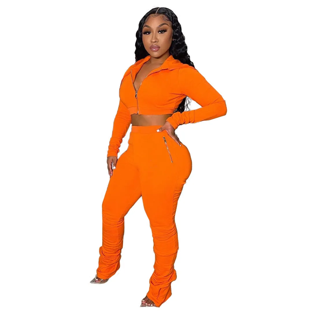 Stylish Cropped Hoodie and Ruched High-Waist Pants Two-Piece Set