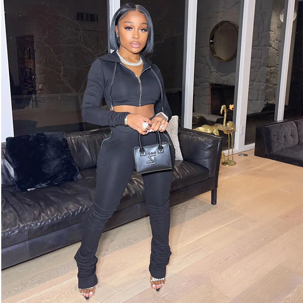 Stylish Cropped Hoodie and Ruched High-Waist Pants Two-Piece Set
