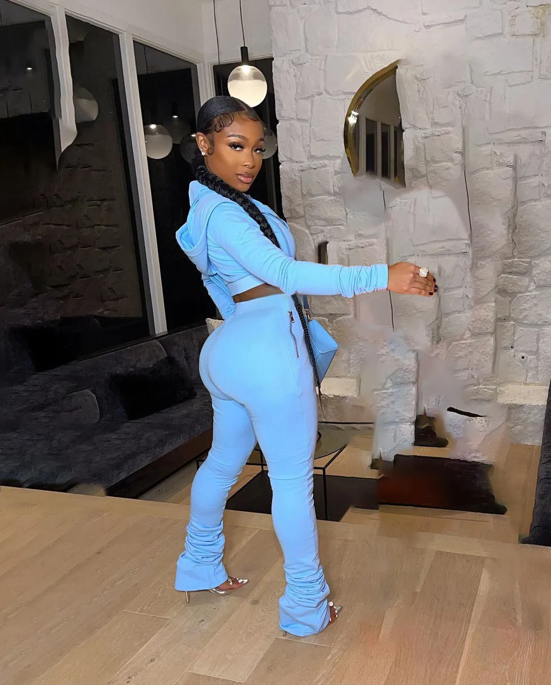 Stylish Cropped Hoodie and Ruched High-Waist Pants Two-Piece Set
