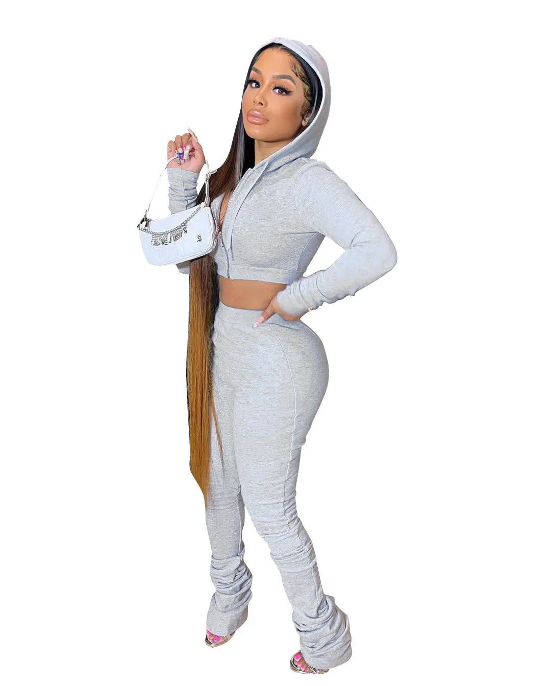 Stylish Cropped Hoodie and Ruched High-Waist Pants Two-Piece Set