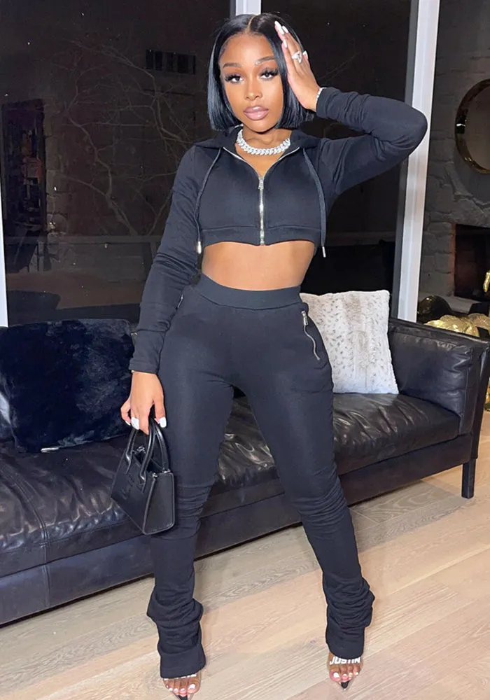 Stylish Cropped Hoodie and Ruched High-Waist Pants Two-Piece Set