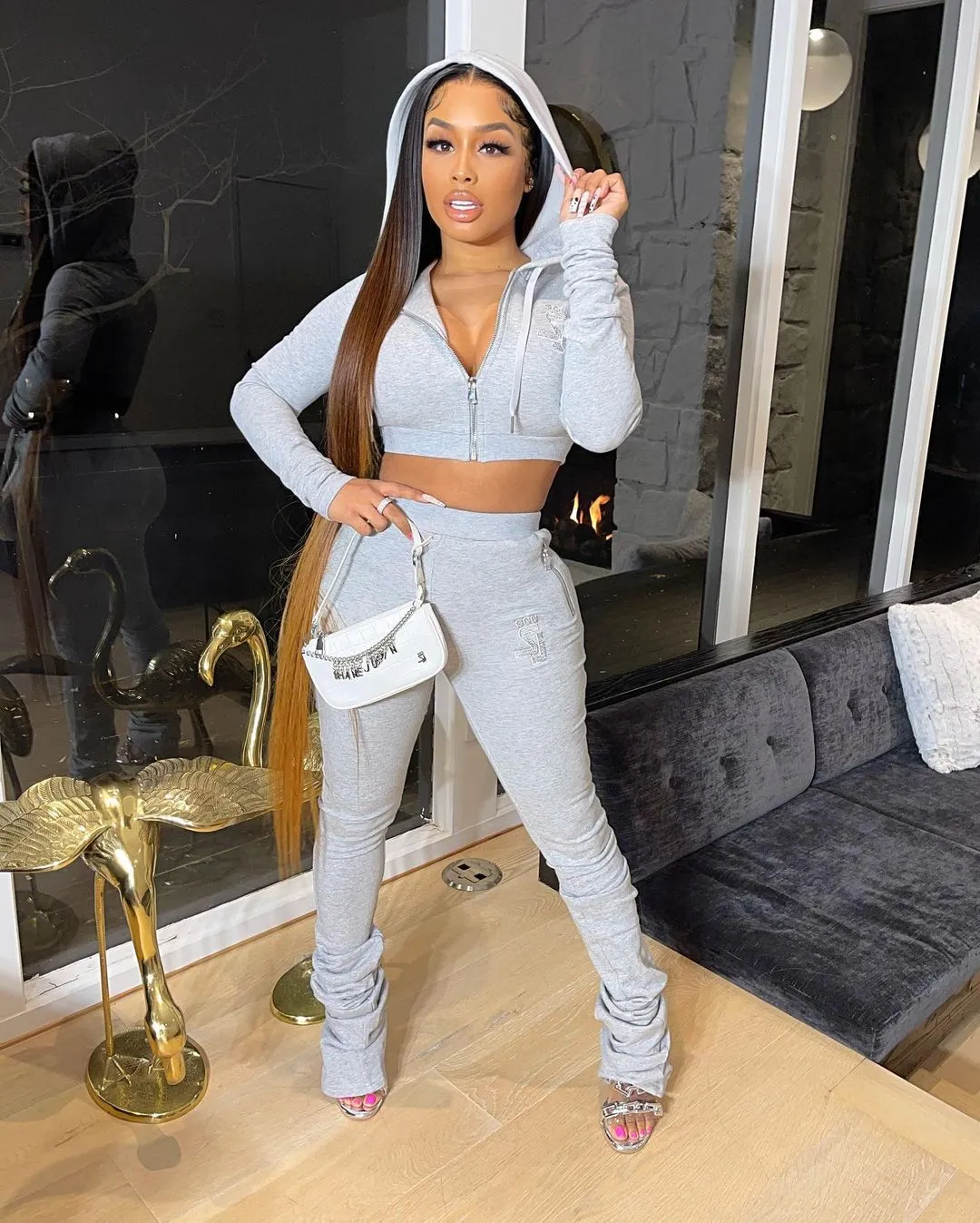 Stylish Cropped Hoodie and Ruched High-Waist Pants Two-Piece Set