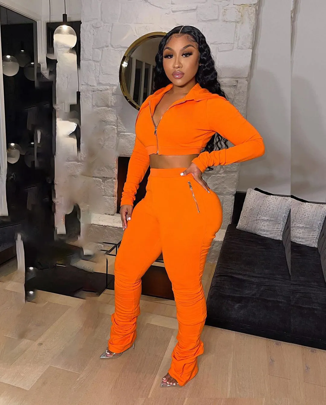 Stylish Cropped Hoodie and Ruched High-Waist Pants Two-Piece Set