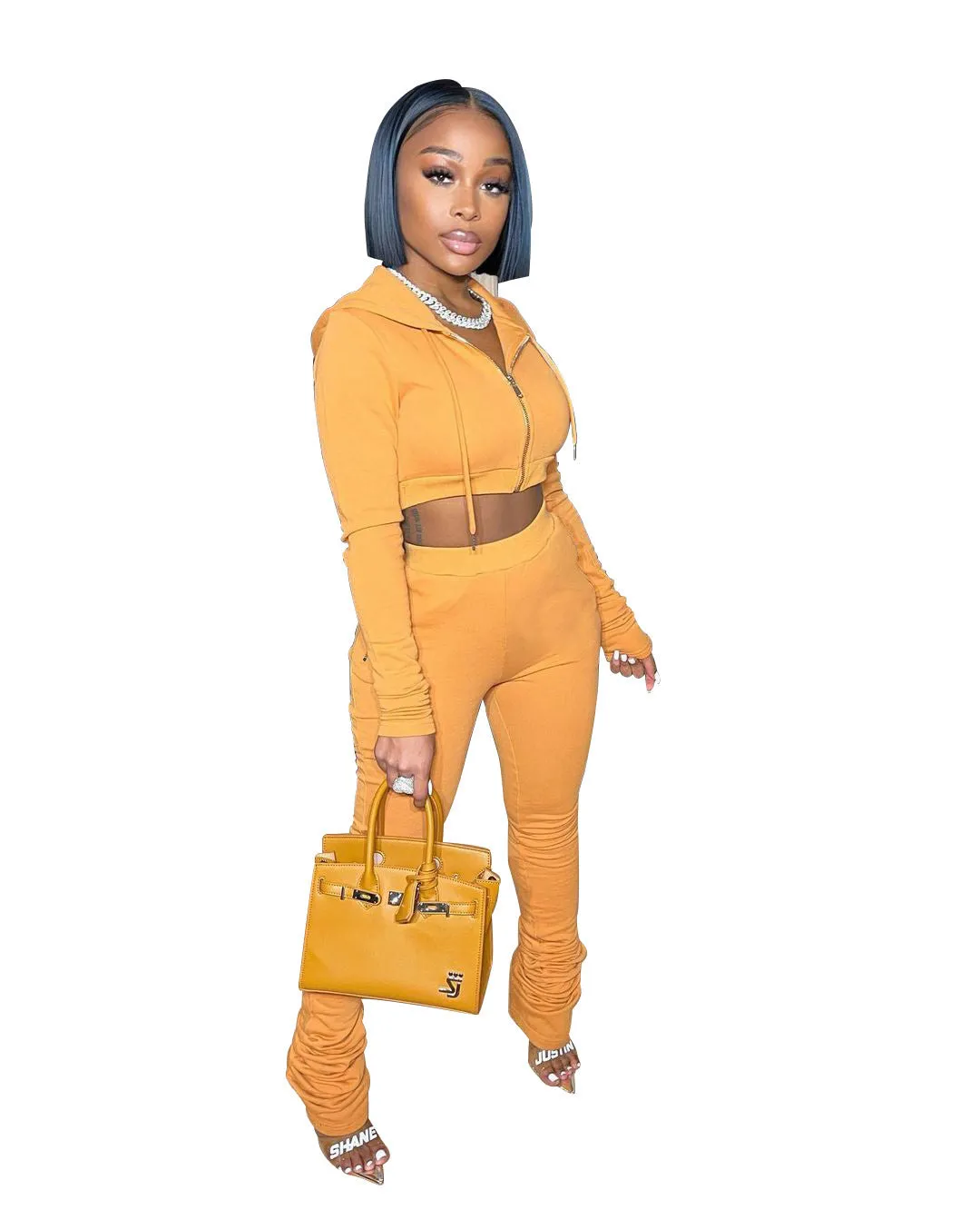 Stylish Cropped Hoodie and Ruched High-Waist Pants Two-Piece Set