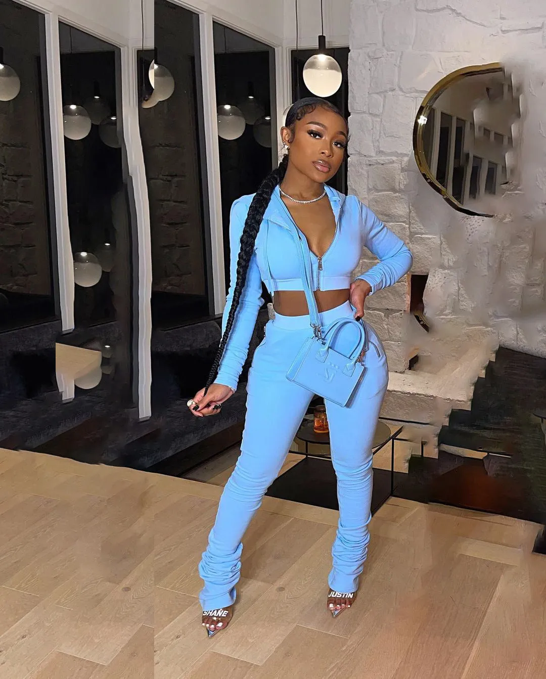 Stylish Cropped Hoodie and Ruched High-Waist Pants Two-Piece Set