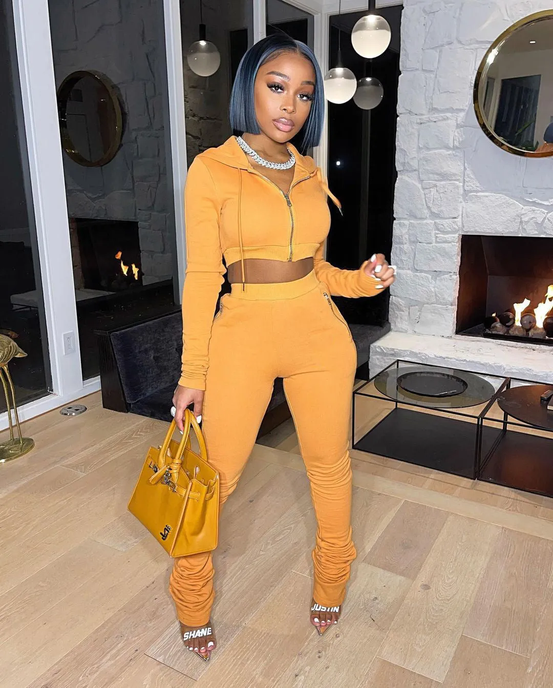 Stylish Cropped Hoodie and Ruched High-Waist Pants Two-Piece Set