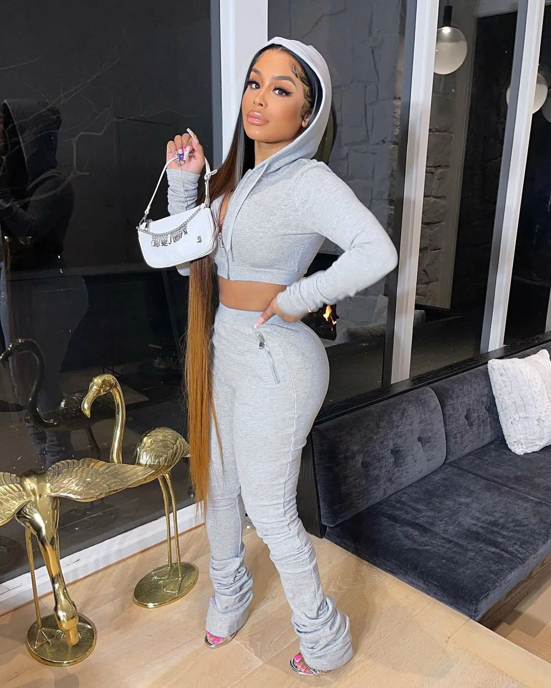 Stylish Cropped Hoodie and Ruched High-Waist Pants Two-Piece Set
