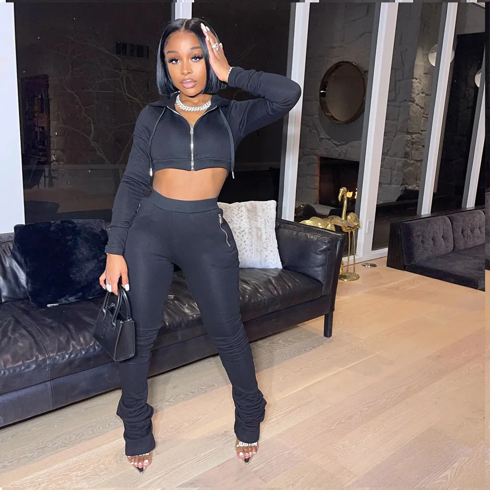 Stylish Cropped Hoodie and Ruched High-Waist Pants Two-Piece Set
