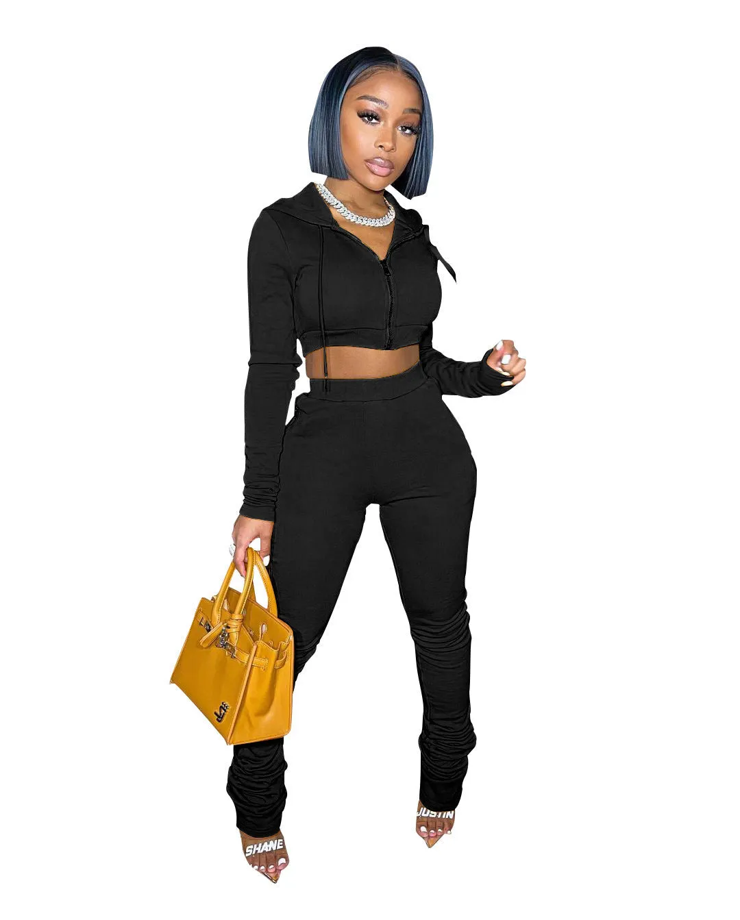 Stylish Cropped Hoodie and Ruched High-Waist Pants Two-Piece Set