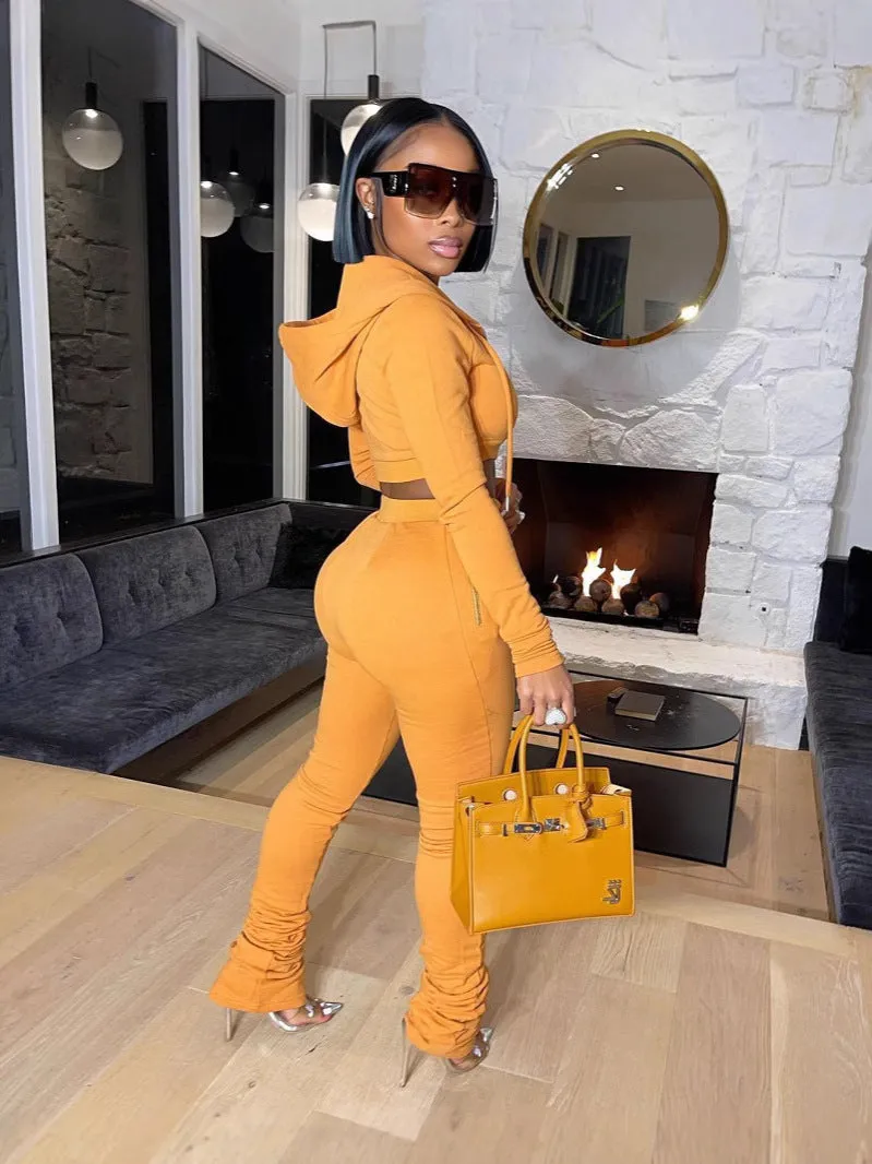 Stylish Cropped Hoodie and Ruched High-Waist Pants Two-Piece Set
