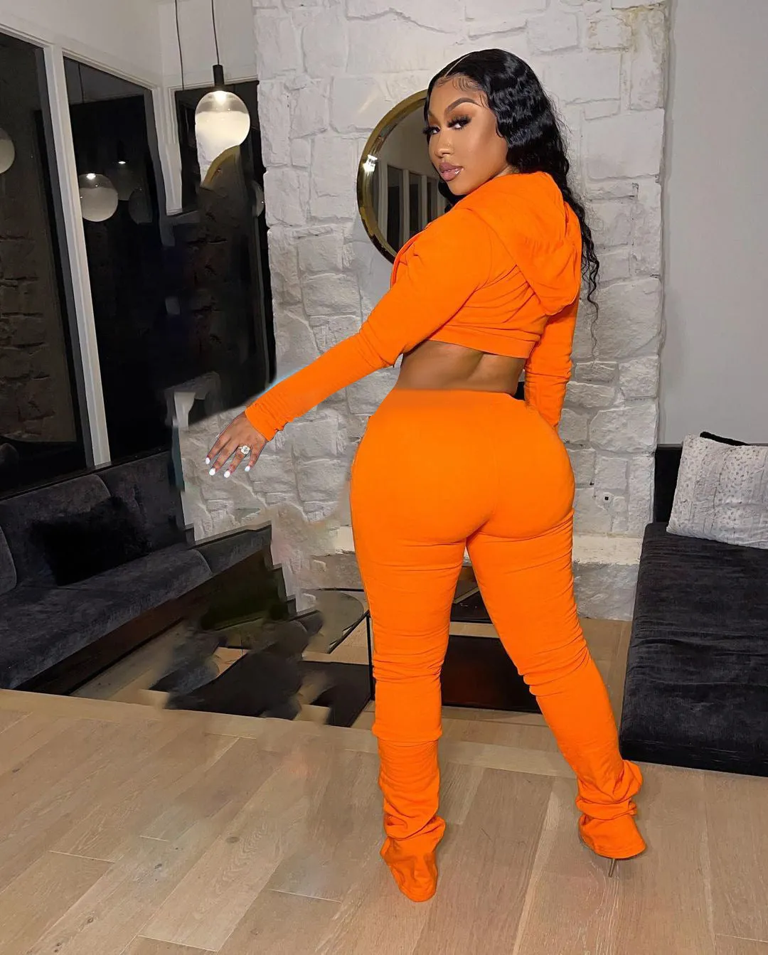 Stylish Cropped Hoodie and Ruched High-Waist Pants Two-Piece Set