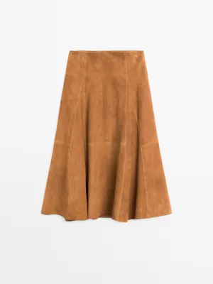 Suede leather flared midi skirt